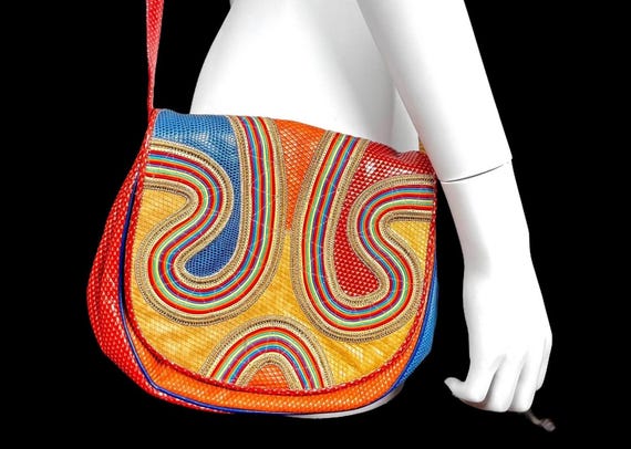Vintage 80s SHARIF Design Purse Colorful Bold Chic Rainbow Exotic Reptile embossed Leather Handbag | Color Block Shoulder Crossbody Made USA
