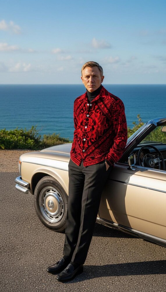 Men’s Size XL | Vintage 60s 70s Rare Mod GINO Paoli by Mr. DINO Collaboration Couture Velvet Shirt Peacock Pattern Red & Black Wide Collar