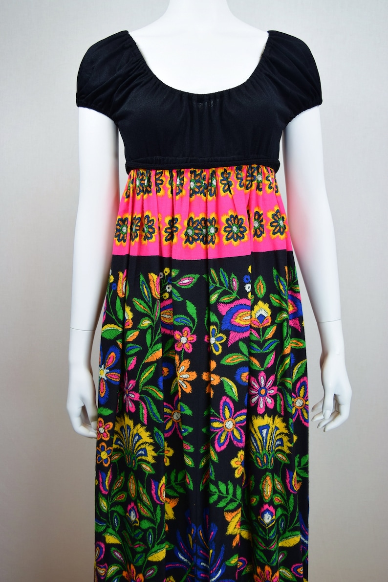 Vintage 1970s PsYcHeDeLiC Young Edwardian by Arpeja NeOn FLoWeR Pattern HiPPiE BoHo MOD Maxi Dress