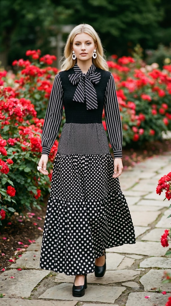 Vintage 70s Carlette Mixed Print Black & White Striped Polka Dot Maxi Dress | Smocked Prairie Style Size S