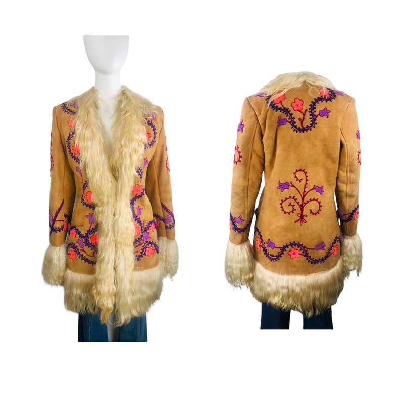 SOLD OUT  - SOLD Vintage 60s 70s Yaqub Fluorescent Floral Embroidered Shearling Sheepskin Afghan Jacket Coat Rockstar Hippie Penny Lane 