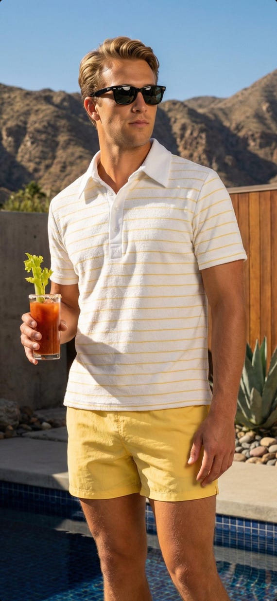 Vintage 70's Men's Joe Nameth Arrow Yellow & White Striped Terry Cloth Surfer MOD Hippie Beach Polo Cabana Shirt