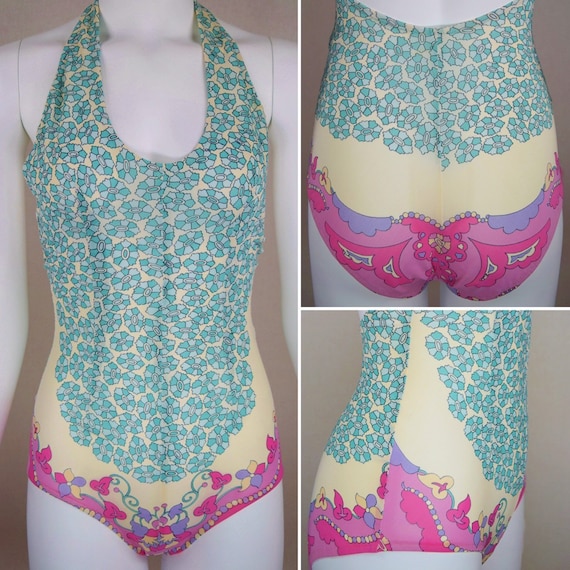HTF Vintage 1970's EMILIO PUCCI Couture Pastel Flower Halter Swimsuit Bathing Suit One Piece Beach Resort 10 M
