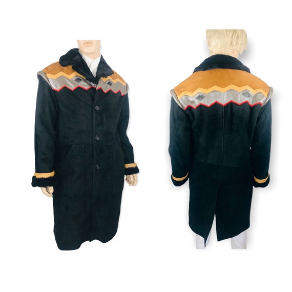 Rare Deadstock Vintage 70's 80's Men's Black Shearling Sheepskin Fur Coat CORTEFIEL | Avant Garde Chevron Yoked multi color Full Length