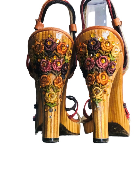 Size 7 NAUGHTY but NICE | True Vintage 70s Crystal and Flower Embellished Strappy Wood Platform Sandals |  Leather Strappy Disco Hippy Boho