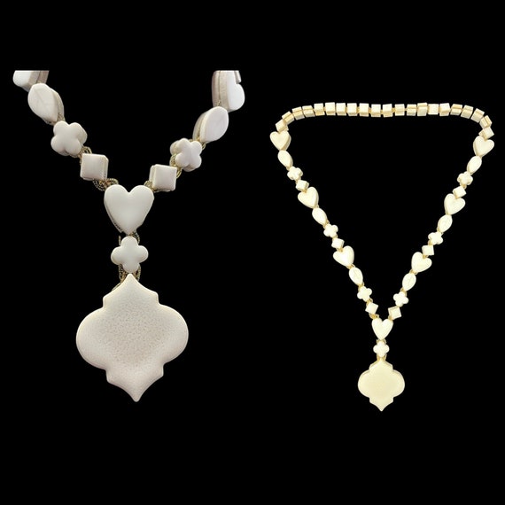 Unique 60s 70s Vintage Artisan Ceramic White Necklace Hearts Clubs Diamonds | Long Statement Necklace Boho Chic Hippie Bohemian Vegas Gamble