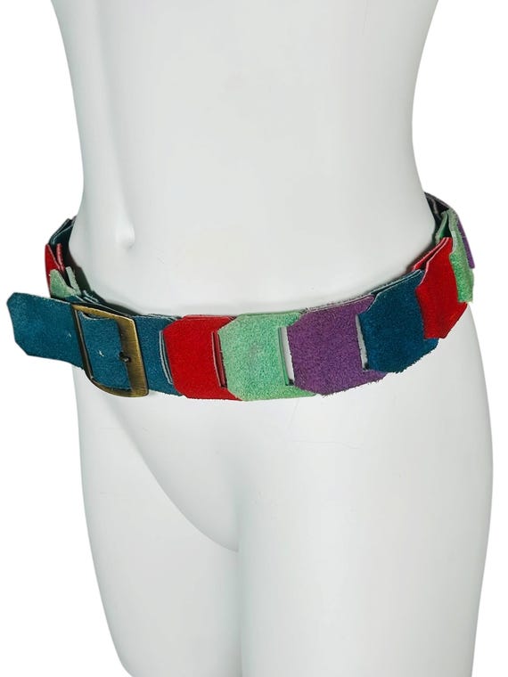 Vintage 70s Multicolor Patchwork Suede Link Interlocking Belt