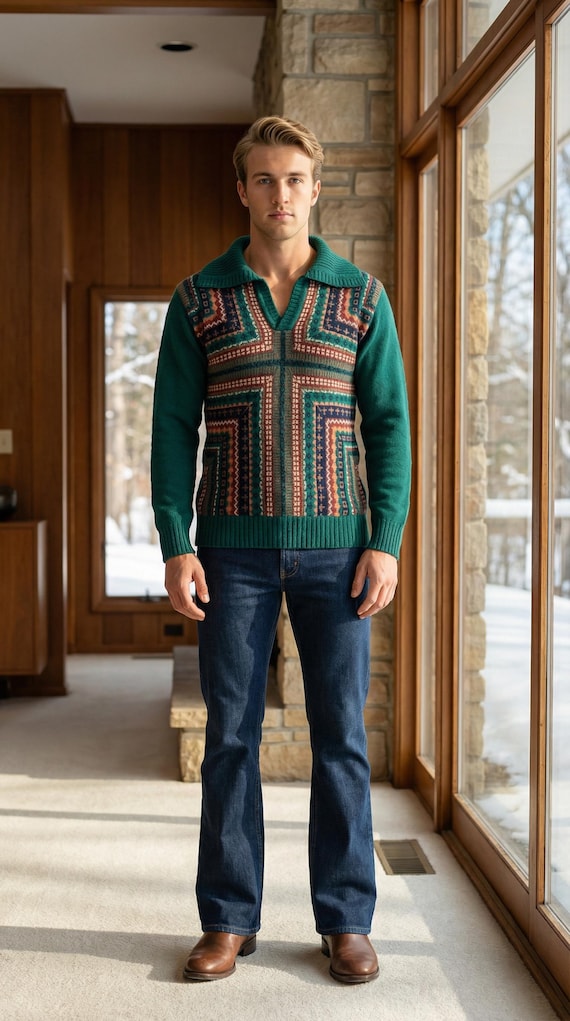 Size L - Amazing Vintage 70s Men's COLLAGEMAN Pullover Sweater | Multi Color Geometric Design Wide collar | Excellent Condition