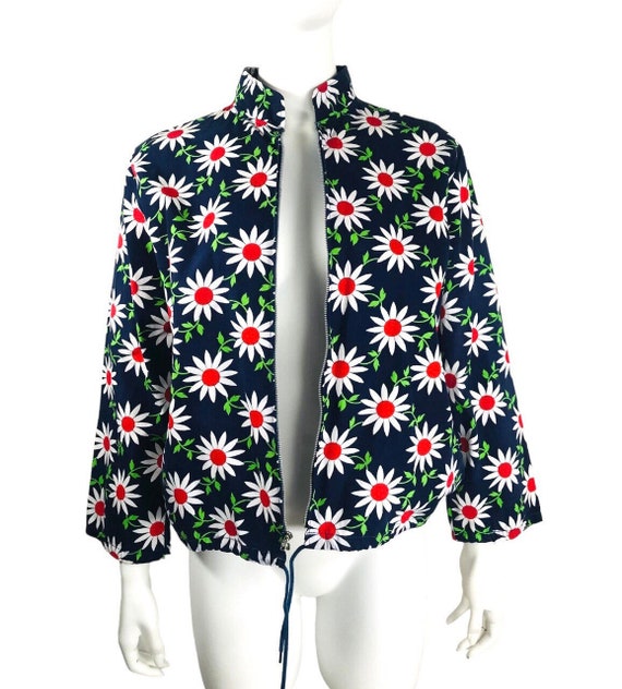 True Vintage 60s Mod Daisy Jacket  | Red White and Blue Flower Power Print |Cotton Beach Spring Jacket Mandarin Collar Coverup Made in Japan
