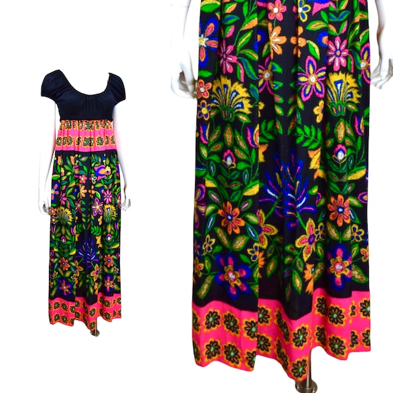 True Vintage 60s 70s Psychedelic YOUNG EDWARDIAN by ARPEJA | Neon Flower Pattern | Hippie BoHo Mod Maxi Dress Gypsy Floral