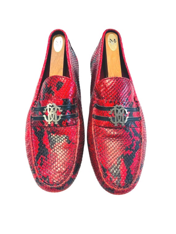 Roberto Cavalli Driving Shoes - Red PYTHON Snakeskin Loafers RC Emblem - Men's Size 44.5 - 11.5