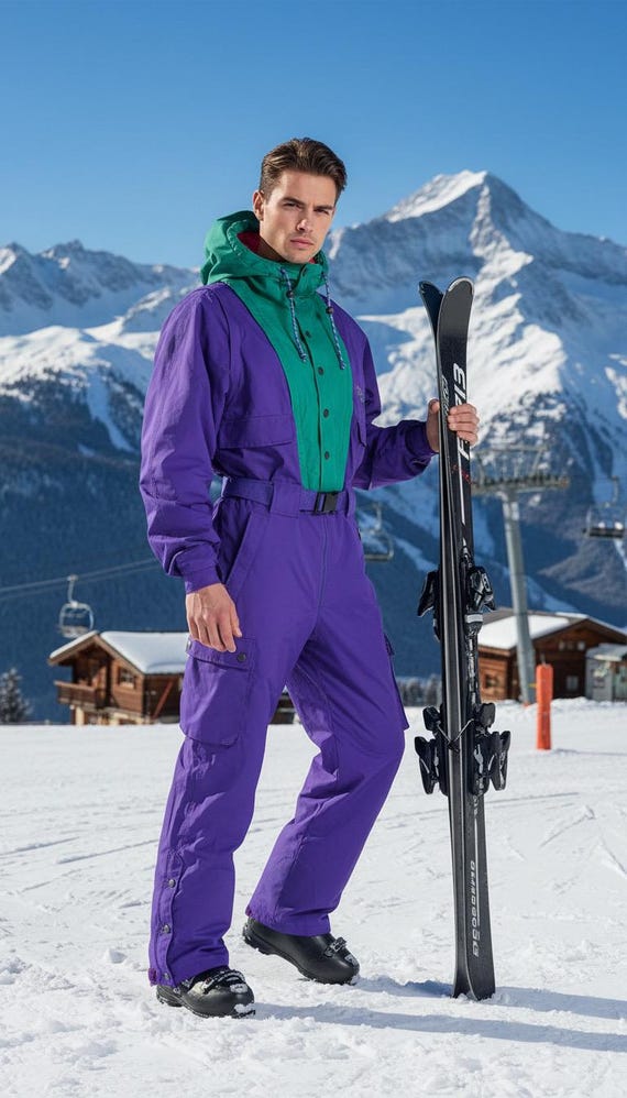 Vintage 80s 90s Men’s FILA MAGIC LINE ~ Colorblock Purple Green One Piece Ski Suit Converts Overalls Hooded | Gortex Skiwear Snow Boarding