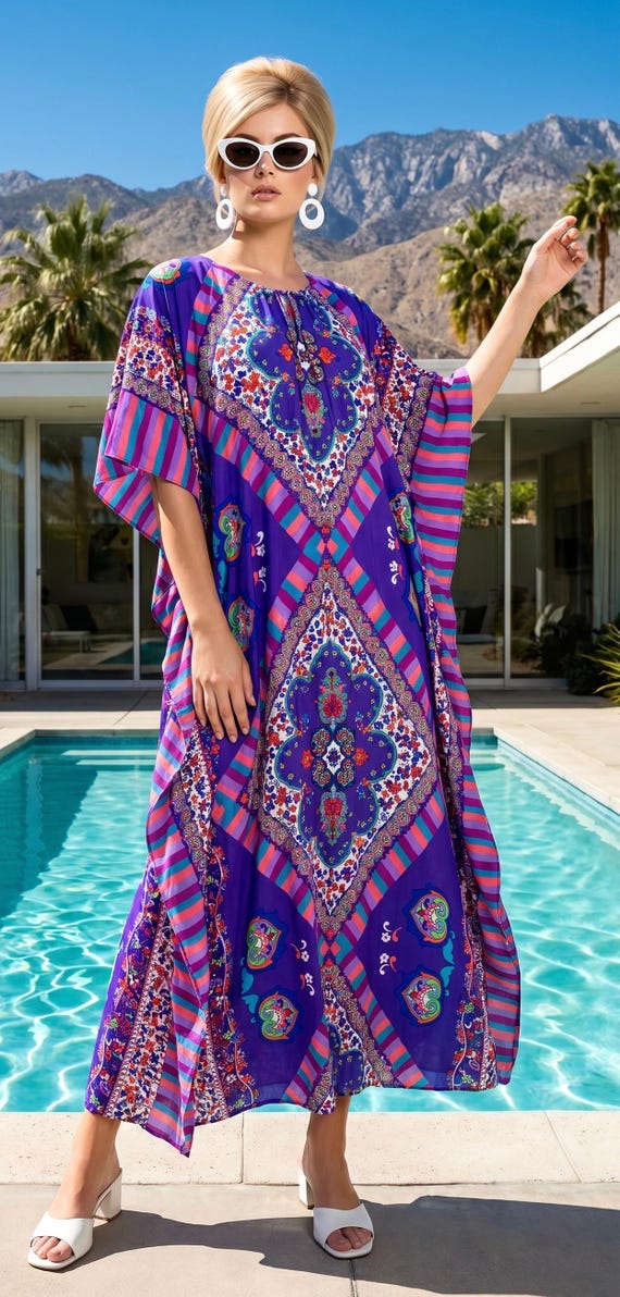 Vintage 60s Greencastle Psychedelic Neon Accordion Pleated Kaftan Loungewear | Mod Cabana Beach Wear