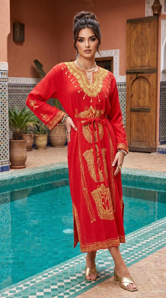 Vintage 70's Moroccan Style Red Caftan Gauze Dress | Zardozi Gold Embroidery - Size L / XL