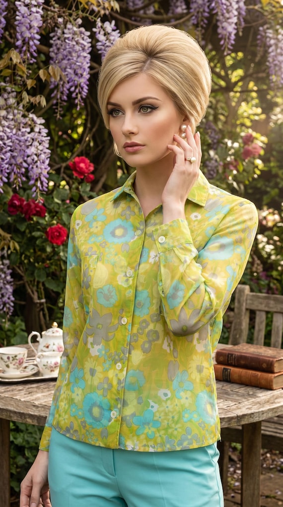 Vintage 60s Tiger Pants Sheer Floral Mod Resort Button Down Shirt Blouse | Size M