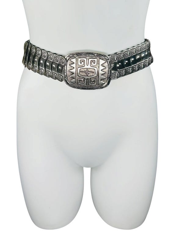 Vintage 1980s Concho Southwestern Aztec Brutalist Silver Metal Link | Stretch Band Cinch Belt