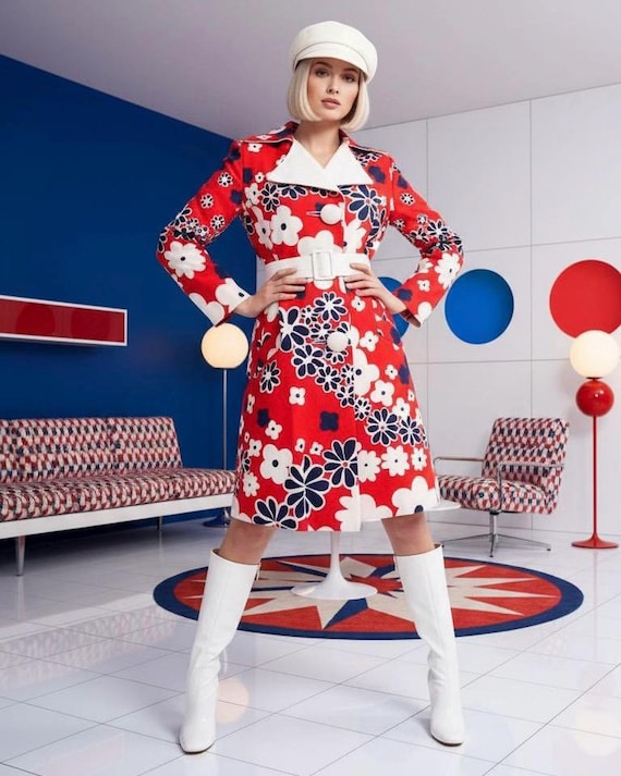NOS True Vintage 60s YOUTHQUAKE Mod FLOWER Power Print Coat Spring Summer Lightweight Michel Daniel | Red Blue Bold Print Boho Hippie