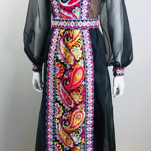 DONALD BROOKS Vintage Couture 1960s Black Silk Organza Psychedelic Colorful Embroidery Sheer Formal Evening Gown Dress Museum Quality image 3