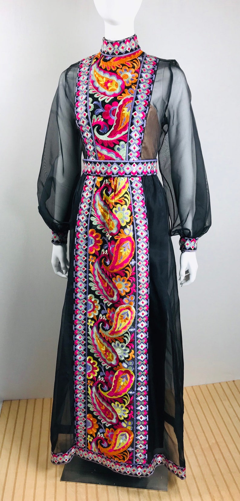 DONALD BROOKS Vintage Couture 1960s Black Silk Organza Psychedelic Colorful Embroidery Sheer Formal Evening Gown Dress Museum Quality image 3