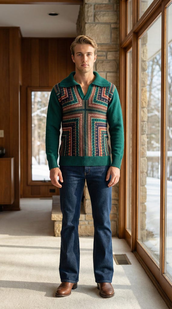 Size L - Amazing Vintage 70s Men's COLLAGEMAN Pullover Sweater | Multi Color Geometric Design Wide collar | Excellent Condition