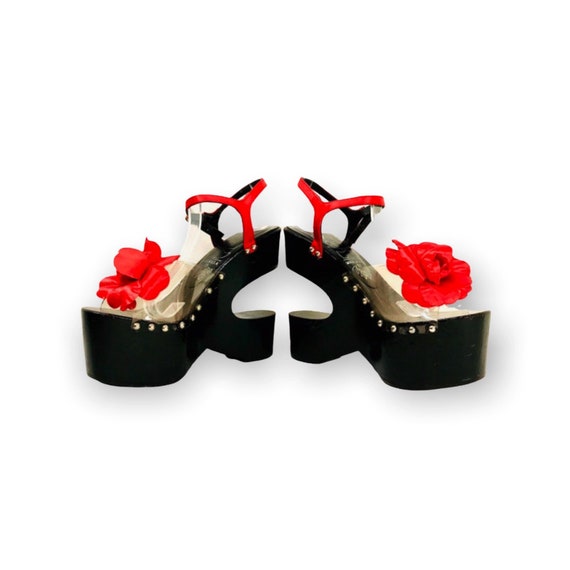 Size 8 SABOTS By Kimel Rare Vintage 60s 70s Clear with Red Rose Wood Sculptured Platform Sandals | Bonnie Smith Huge Platforms Disco Glam