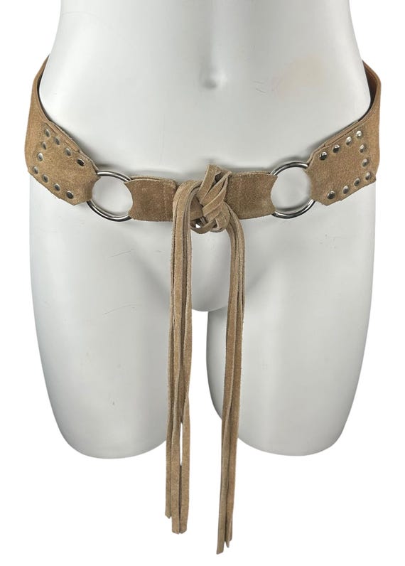 Vintage Y2k Early - 2000s Arden B Tan Suede Fringe Studded Hippie Boho Belt
