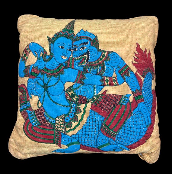 Vintage 70s Thai RAMAKIEN Suvannamaccha Hanuman Decorative Throw Pillow