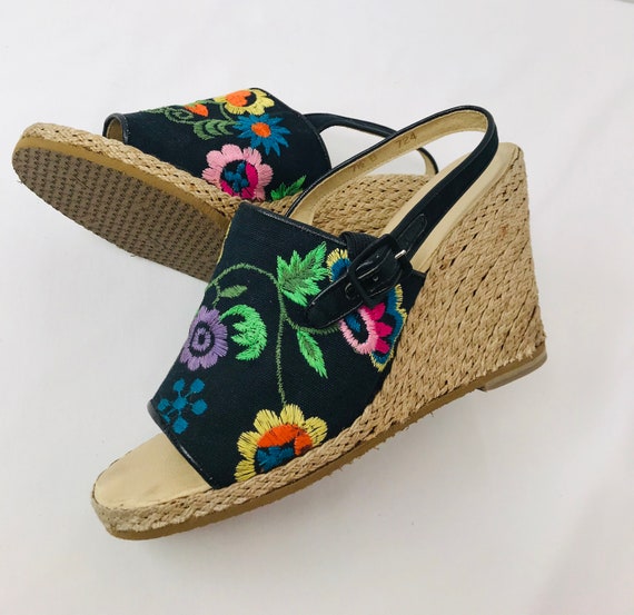 Size 7.5 - 8 | Vintage 60s 70s Jerry Edouard Jerrold RARE Colorful Embroidered Flowers Espadrille Wedge Sandals Boho Hippie