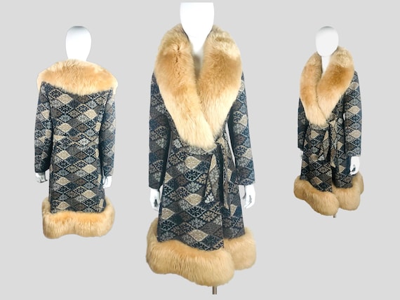 Size L - Vintage 60s 70s Tapestry Huge Shearling … - image 1