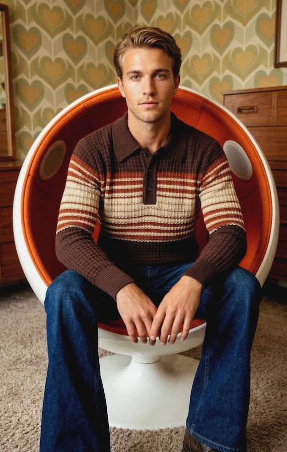 Vintage 70s ELAN Waffle Knit Fitted Sweater | 70s 80s Brown Retro Striped Pullover Disco Hipster | Excellent Condition Men's Size M/L