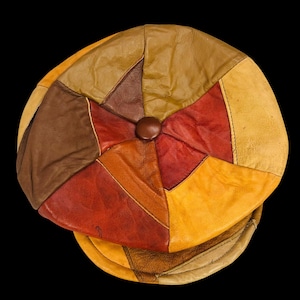 Rare Vintage 70s Patchwork Leather Newsboy Hat - Brown Multicolor Cabbie Style Disco