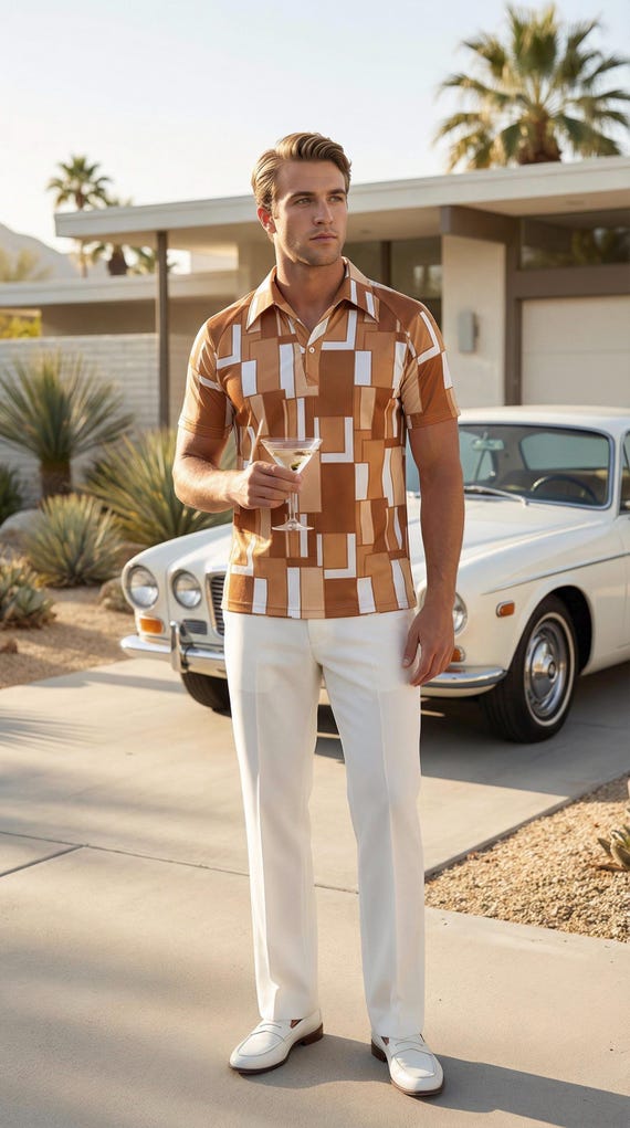 Vintage 1970s Men's Lilly Dache Op Art Geometric Pattern Big Collar Disco Mod Shirt | Size L