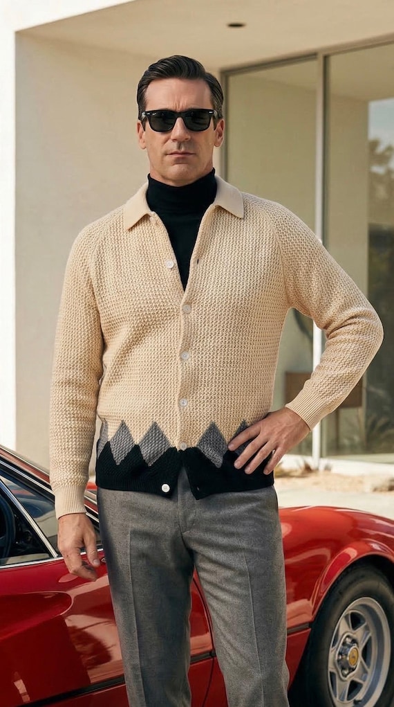 Vintage Damon Wool Cardigan – Diamond Panel Textured Knit Sweater, Mod Retro L