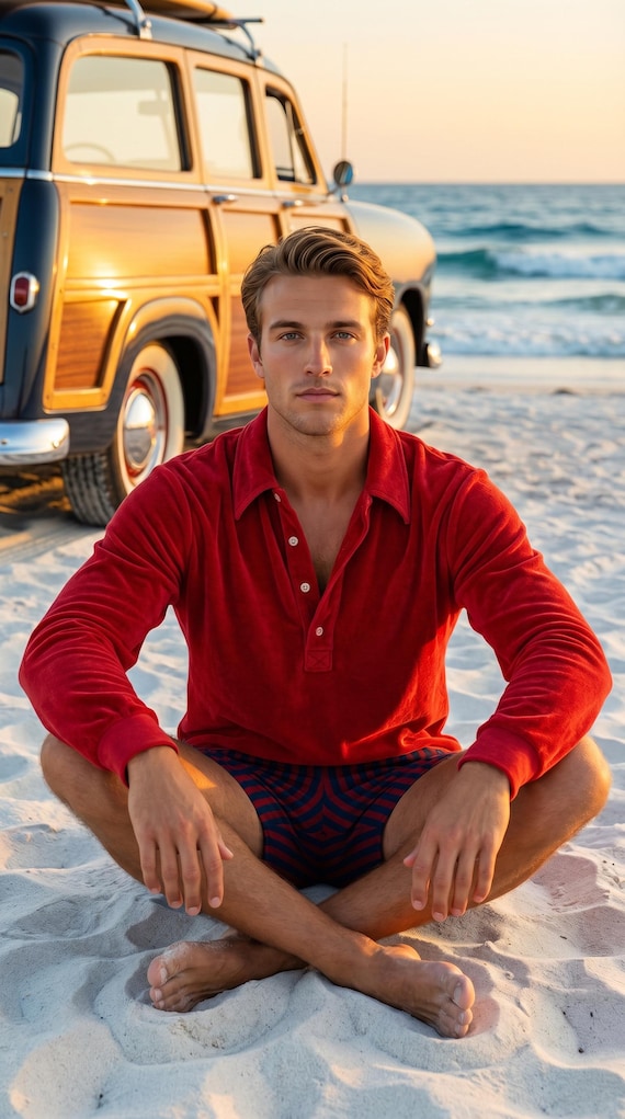 Vintage 60's 70's Burgundy Cotton Velour Beach Mod Surfer Polo Shirt | Dagger Collar - Size XL