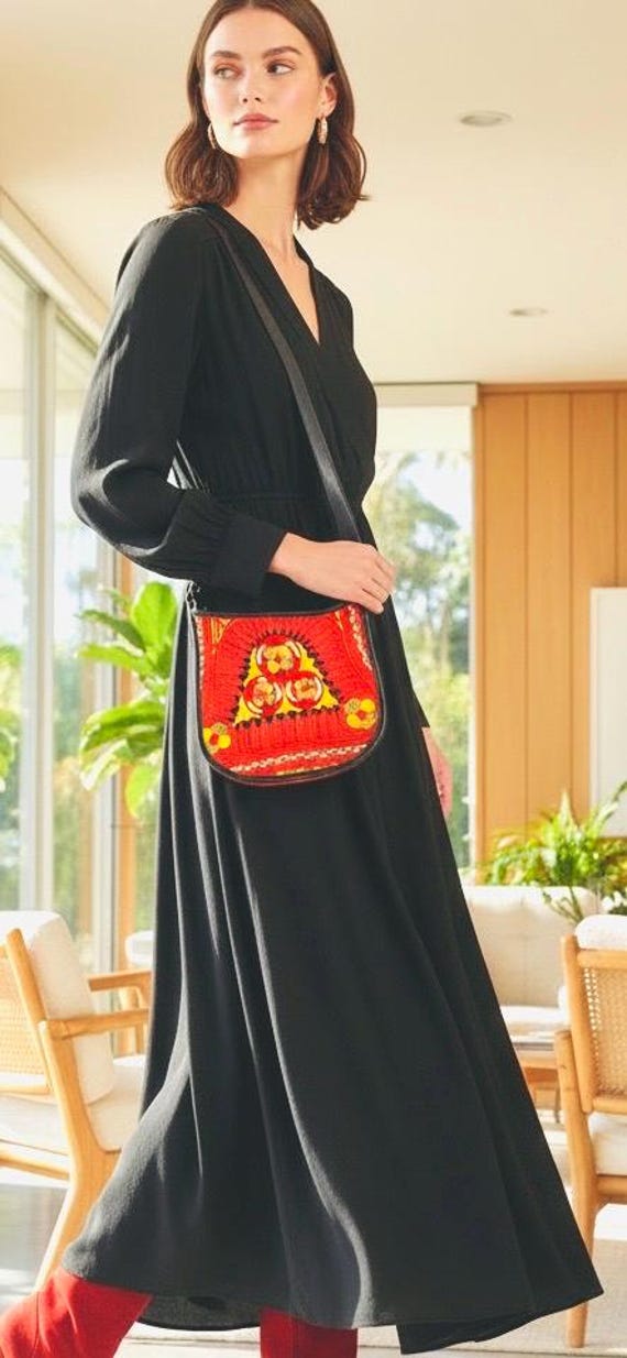 NOS Vintage 80 90s Albanian Embroidery Leather Handbag | Albano Rainbow Embroidery Colorful Black Leather Shoulder Purse Hippy Boho Festival