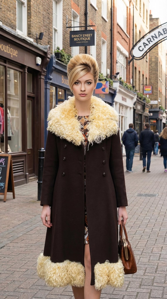 Outrageous Penny Lane Coat | Vintage 60s 70s Princess Cut Huge Curly Mongolian Fur Collar & Trim | Full Length Wool Double Breasted Coat XS