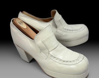 Mens Size 10 | Vintage 70s Antonio Fluxa White Leather Platform Shoes | Loafer Slip On