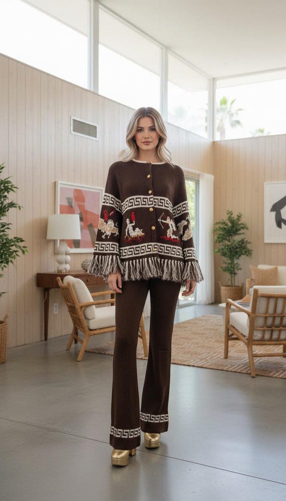 Super RARE Vintage 60s Zodiac Knit Fringe SWEATER & PANTS Set Brown  Horoscope Astrology Sign | Cape Poncho Style | Hippie Aquarius Bohemian