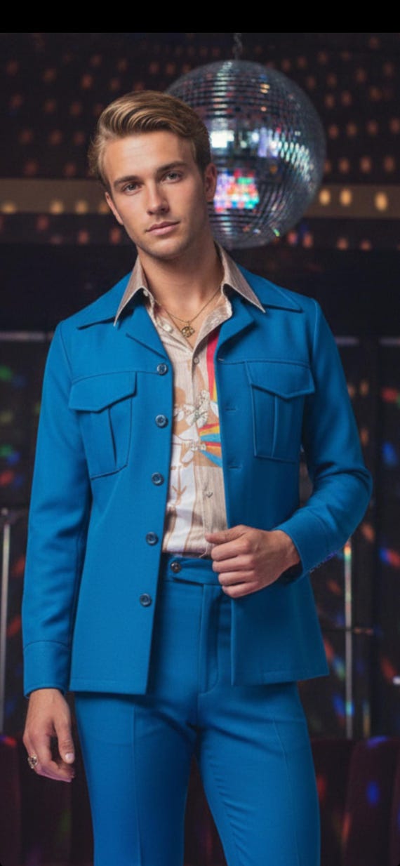 Vintage Men's 70s Blue Disco Era LEISURE Suit Jacket by TOBIAS |  Flared Collar Tortoise Shell Buttons Mod Sport Coat Size 42