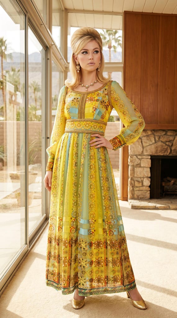 Vintage 60s Mollie Parnis Silk Chiffon Gown | Full Length Dress Yellow & Blue Asian Inspired | Size M