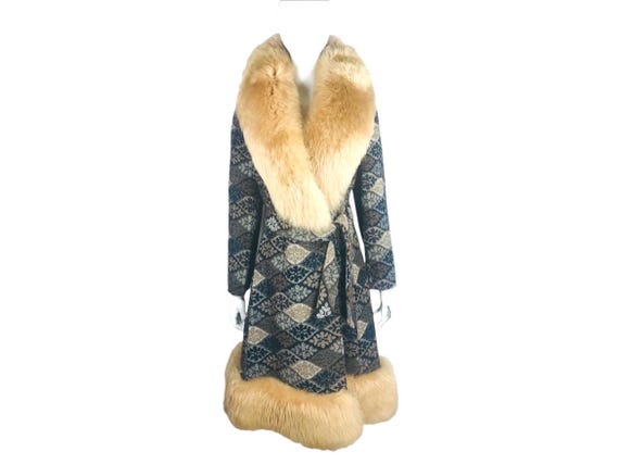 Size L - Vintage 60s 70s Tapestry Huge Shearling Fur Collar & Trim Full Length Formal Coat Penny Lane Coat Boho Rockstar Rich Hippie Glam