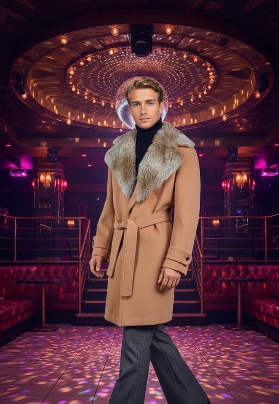 Vintage Mens 46 | Vintage 70s CAMPUS Beige Wool Huge Faux Fur Collar Pimp Ron Burgundy Disco Trench Full Length Overcoat Superfly Slap Shot