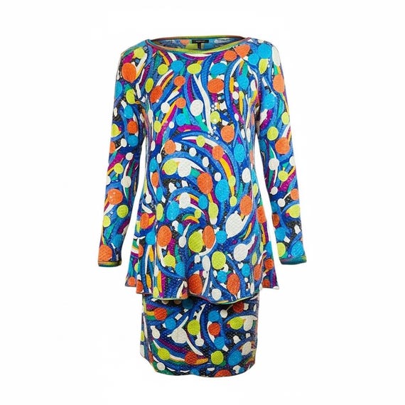 Vintage 80s MISSONI Neiman Marcus Shimmery Silk Jersey Colorful Print Sequin Top Skirt Set Peplum Top Abstract OP Art | Mother Bride Formal
