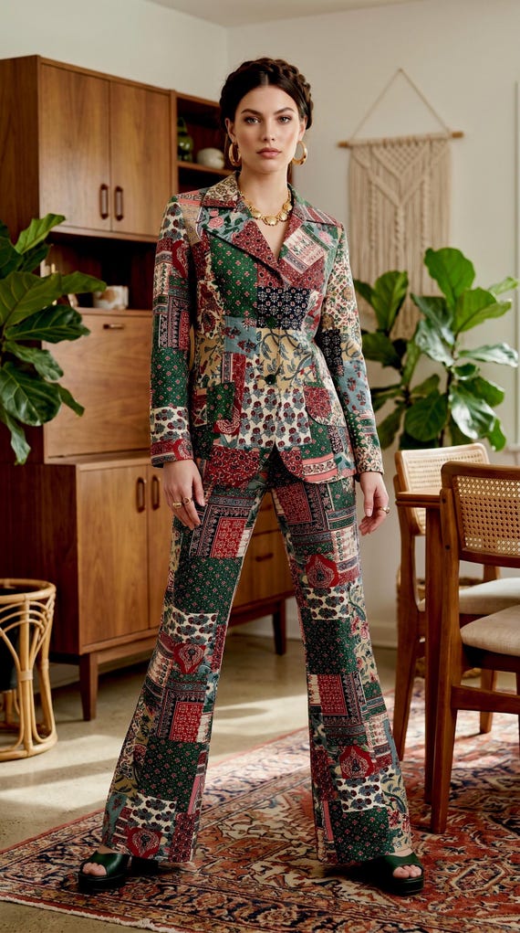 Nos Vintage 70s Calico Patchwork Print Pants - 2 Skirts & Jacket - 4 Pc Suit Set - Size 15/16