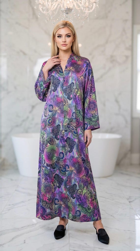 Vintage 90's NATORI Paisley Print Zippered Front Caftan Robe Loungewear | Size M L