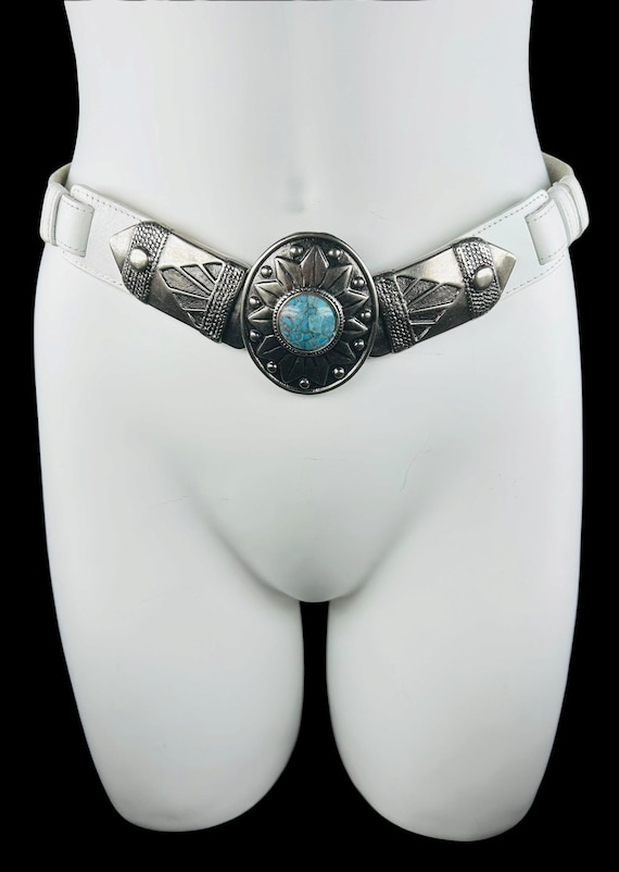 Vintage 80s Women's White Leather Silver Turquoise Southwestern Statement Hip Belt | Size L