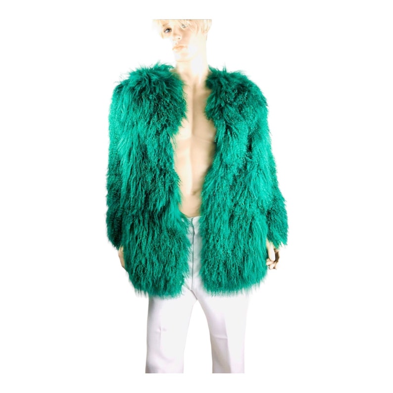 Vintage Crazy Bright Green Rockstar UniSeX Long Shaggy Mongolian Curly Lamb Fur Rock and Roll Hip hop Rap Diva Drag Queen Chest 39 image 3