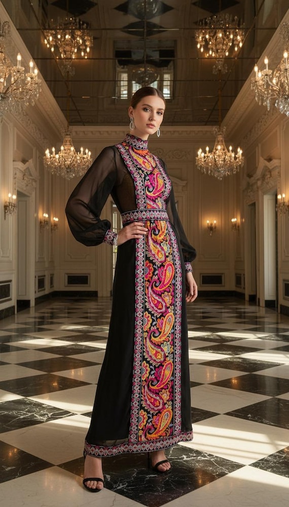 DONALD BROOKS Vintage Couture 1960s | Black Silk Organza Psychedelic Colorful Embroidery | Sheer Formal Evening Gown Dress Museum Quality