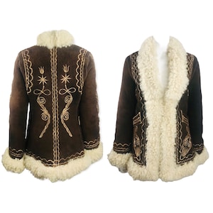 AmaZing Vintage Embroidered Shearling Sheepskin Curly Fur Afghan Jacket Coat|  Rockstar Hippie Boho Penny Lane Bohemian Festival Suede Clean