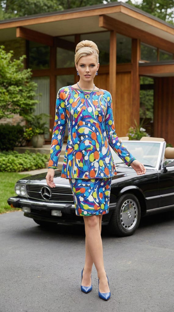 Vintage 80s MISSONI Neiman Marcus Shimmery Silk Jersey Colorful Print Sequin Top Skirt Set Peplum Top Abstract OP Art | Mother Bride Formal